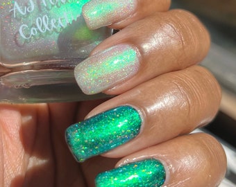 Esmalte de uñas verde y amarillo con purpurina holográfica, frascos de 5 ml y 10 ml, marca independiente británica, vegano, colores de uñas de verano 2026. Regalos.