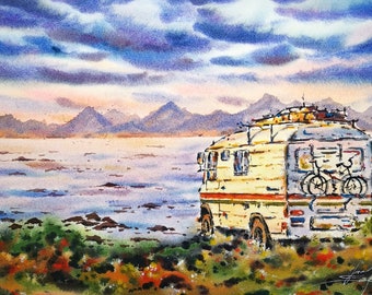 Campervan painting Original watercolor painting Seascape painting Kastenwagen painting Mountains landscape artwork 11" by 15"