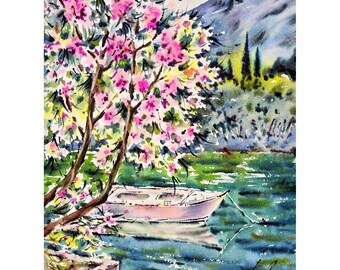 Oeuvre d'art de paysage d'Italie Aquarelle originale Peinture de montagnes Peinture florale Oeuvre de paysage marin Art contemporain 15 x 11 po