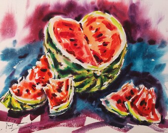 Watermelon Painting Original Watercolor Red Berry Art Fruit Still Life Kitchen Wall Art Loose Style Painting 12'' by 16'' by YaelNataliArt