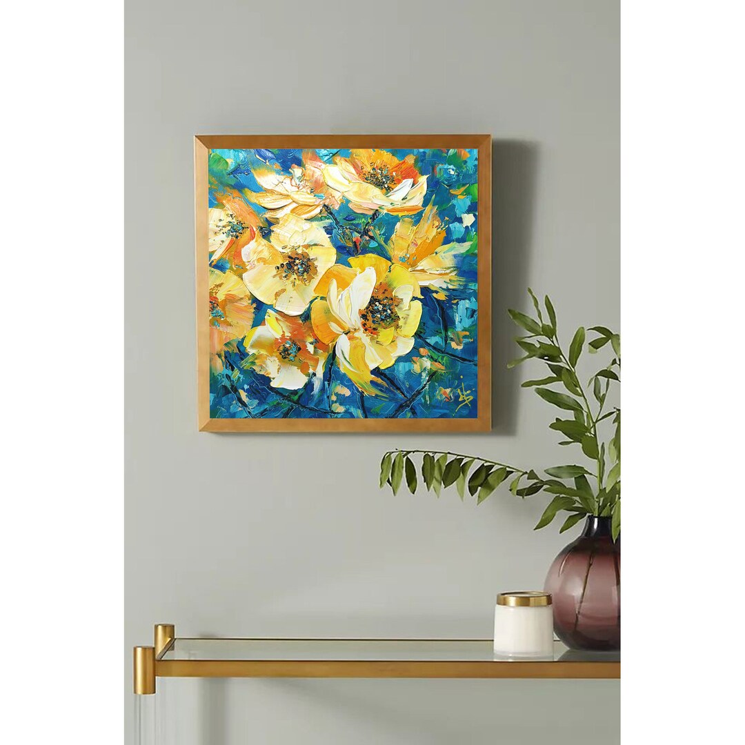 Abstract Flower Original Art Floral Impasto Oil Painting Yellow Flower ...