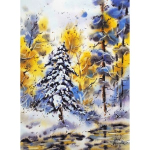 Canada painting Original watercolor painting Winter landscape artwork Pine tree painting Contemporary painting 9&quot; by 12&quot; by YaelNataliArt