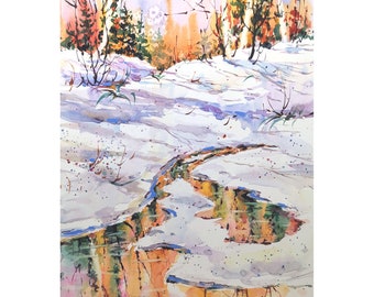 Winter Landscape Art Original Watercolor New England Painting Pine Tree Artwork Fir Trees painting 11.5 in x 8.3 in by YaelNataliArt
