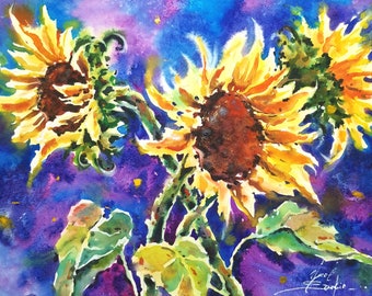 Sunflowers painting Original watercolor painting Yellow flowers artwork Floral painting Contemporary artwork 11" by 15"