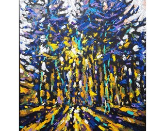 Trees painting Original oil pastel painting Sunset painting Pine tree artwork Contemporary artwork 12" by 9.5"