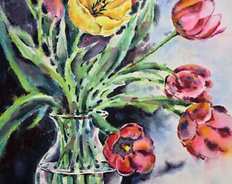 静物油絵。チューリップの花瓶の絵。絵画アート。 - Etsy 日本
