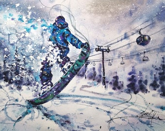 Snowboarding painting Original watercolor artwork Winter landscape painting Mountains art Snowboarder artwork 11" by 15" by YaelNataliArt