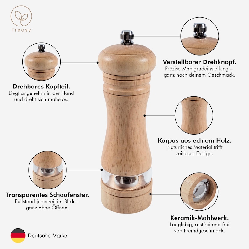 K&ouml;nnte beinhalten: Eine Pfefferm&uuml;hle aus Holz mit einem Edelstahlband und einem schwarzen Knopf. Die M&uuml;hle hat ein transparentes Fenster und Text, der "Drehbares Kopfteil" und "Deutsche Marke" lautet.