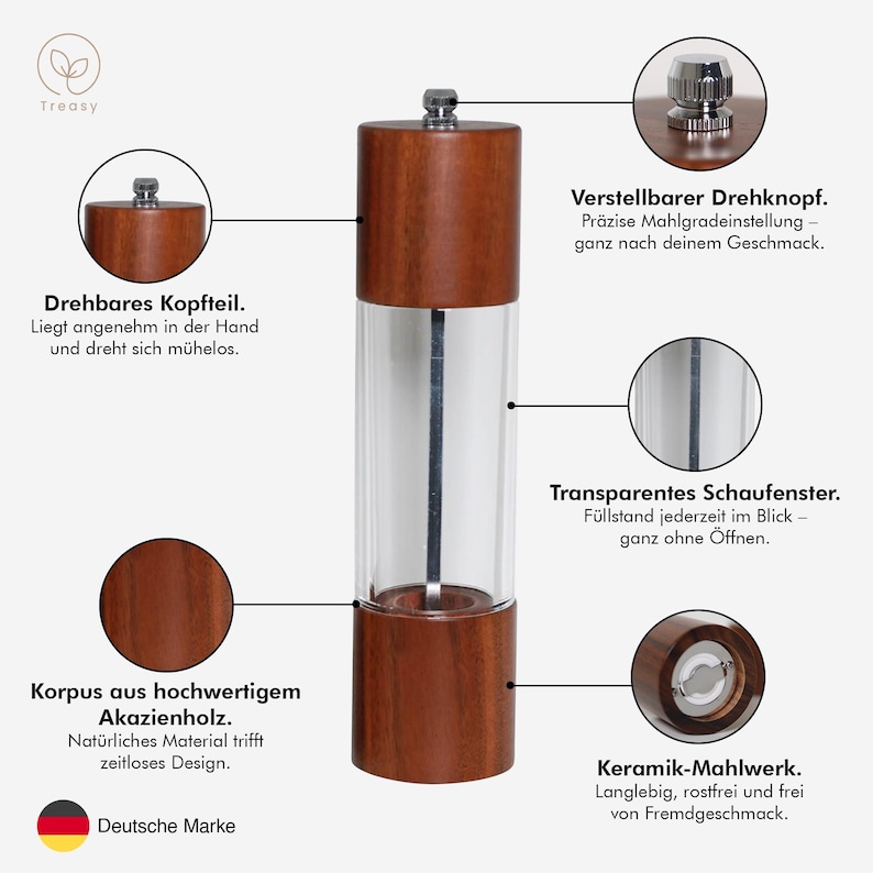 May include: A wooden pepper mill with a clear glass center. The mill features a ceramic grinding mechanism, adjustable knob, and a transparent window to view the contents. The text on the image says "Korpus aus hochwertigem Akazienholz."