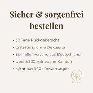 May include: Cream-colored graphic with the text "Sicher & sorgenfrei bestellen" and bullet points. The bullet points include "30 Tage R&uuml;ckgaberecht", "Erstattung ohne Diskussion", "Schneller Versand aus Deutschland", "&Uuml;ber 3.300 zufriedene Kunden", and "4,9 aus 900+ Bewertungen".