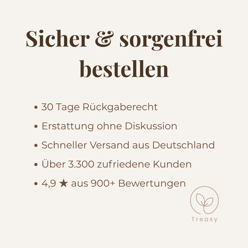 May include: Cream-colored graphic with the text "Sicher & sorgenfrei bestellen" and bullet points. The bullet points include "30 Tage R&uuml;ckgaberecht", "Erstattung ohne Diskussion", "Schneller Versand aus Deutschland", "&Uuml;ber 3.300 zufriedene Kunden", and "4,9 aus 900+ Bewertungen".