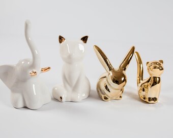 Keramische dierfiguren (kat, konijn, vos, olifant)