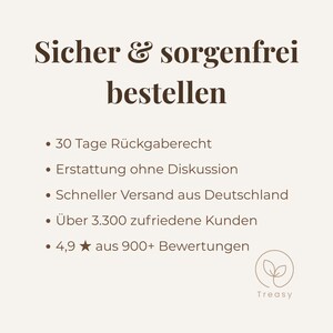 K&ouml;nnte beinhalten: Cremefarbene Grafik mit dem Text "Sicher & sorgenfrei bestellen" und Aufz&auml;hlungszeichen. Die Aufz&auml;hlungszeichen enthalten Informationen zu R&uuml;cksendungen, R&uuml;ckerstattungen und Kundenzufriedenheit. Ein Logo mit dem Wort "Treasy" befindet sich unten rechts.