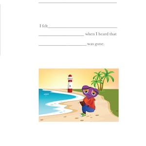May include: A purple cartoon character with a sad expression sits on a beach with a lighthouse in the background. The character is holding a book and appears to be feeling down.