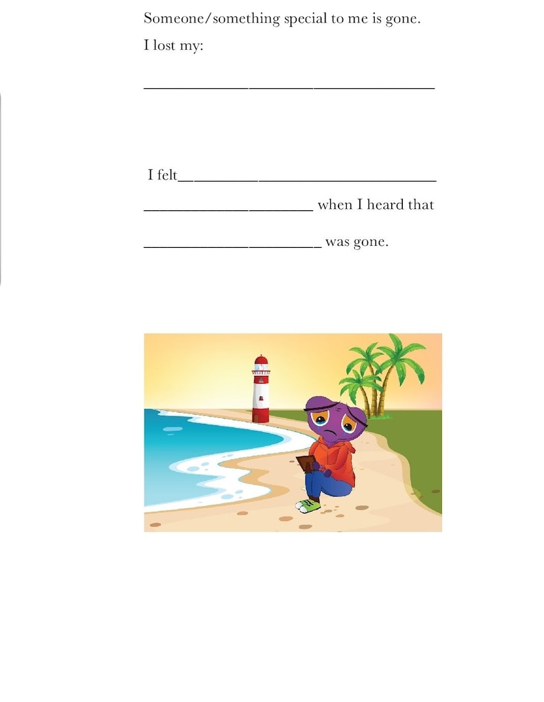 May include: A purple cartoon character with a sad expression sits on a beach with a lighthouse in the background. The character is holding a book and appears to be feeling down.