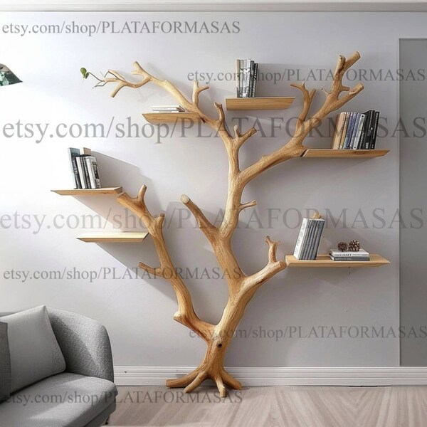 Tree bookshelf decor wall mount floating book shelf solid wood bookcase unique housewarming gift