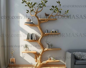 Tree branch floating corner shelf mid century bookcase wall mounted book shelf home decor