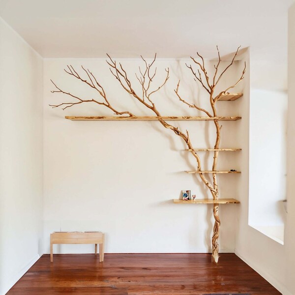 Tree branch floating shelves solid wood bookshelf decorations custom corner wall shelf home decor