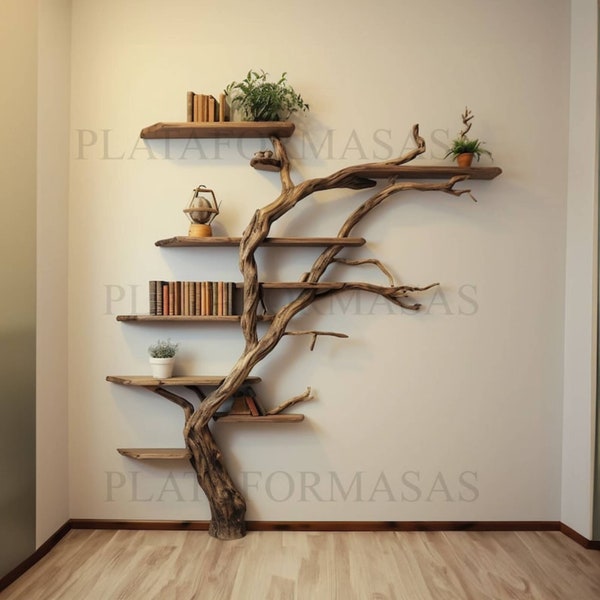Corner tree branch shelves on wall mount bookshelf  furniture and decor driftwood floor standing shelf home art
