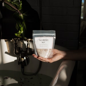 Sel de banho nutritivo para peaux sèches, sel de mer morte, sel de mer rose do Himalaya, huiles essentielles biologiques