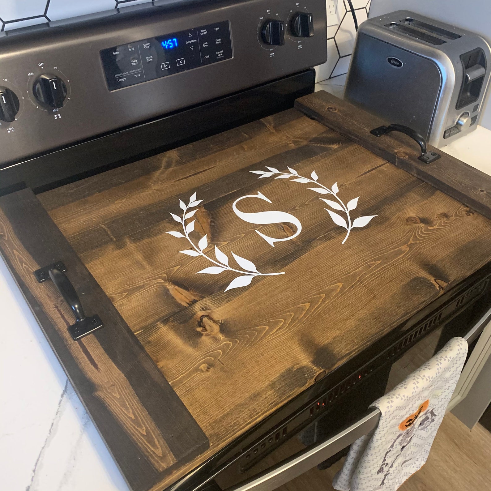 Wooden Stove Top Cover with Personalized Letter & Flower Etsy
