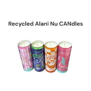 May include: Four recycled Alani Nu energy drink can candles. Each candle is in a different color can: pink, purple, blue, and orange. The cans have white tops and wicks. The text "Recycled Alani Nu CANDLES" is above the cans.