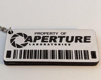 Portal 2 Themed Wooden Keyrings - Property of Aperture (Science) Laboratories - Real Wood - 3D Effect - Luggage Tag - Laser Cut