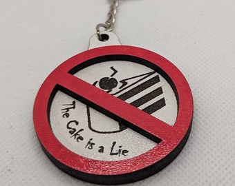 Portal 2 Themed Wooden Keyrings - The Cake is Real - Real Wood - 3D Effect - Luggage Tag - Laser Cut