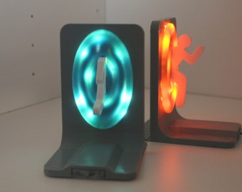 Pair of LED Light Up Grey Portal Bookends (Portal 2) - Aesthetic and Stylish - PC, Xbox, PS4, PS5 Gaming Home Decor