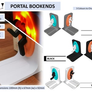 May include: Portal bookends with LED lights, available in grey, black, and white. The bookends feature a 3D printed figure stepping through a portal. The bookends are fully assembled and include batteries. Approximate dimensions: 4 inches (h) x 2.6 inches (w) x 3.6 inches (d).