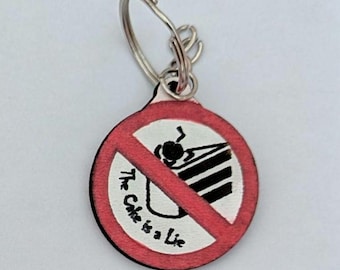 Portal 2 Themed Wooden Keyrings - The Cake is Real - Real Wood - 3D Effect - Luggage Tag - Laser Cut