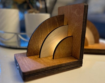 Large LED Art Deco Bookends - Style 1 - Wooden Contemporary, Aesthetic and Stylish - Unique Laser Cut and Hand Finished