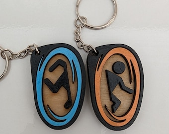 Portal 2 Themed Wooden Keyrings - Enter and Exit Portals - Real Wood - 3D Effect - Luggage Tag - Laser Cut