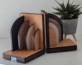 Large LED Art Deco Bookends - Style 3 - Wooden Contemporary, Aesthetic and Stylish - Unique Laser Cut and Hand Finished
