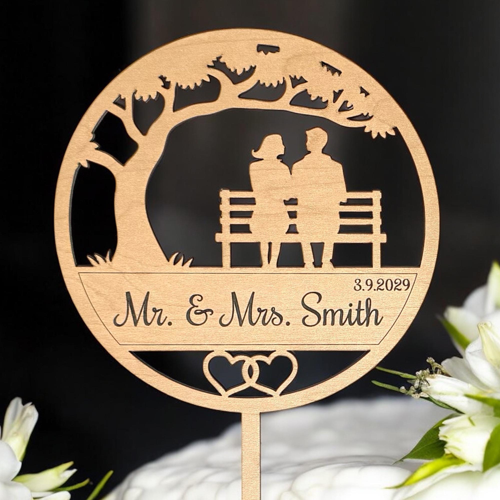 Anniversary Cake Topper Couple on Park Bench Wedding Tree Hearts ...