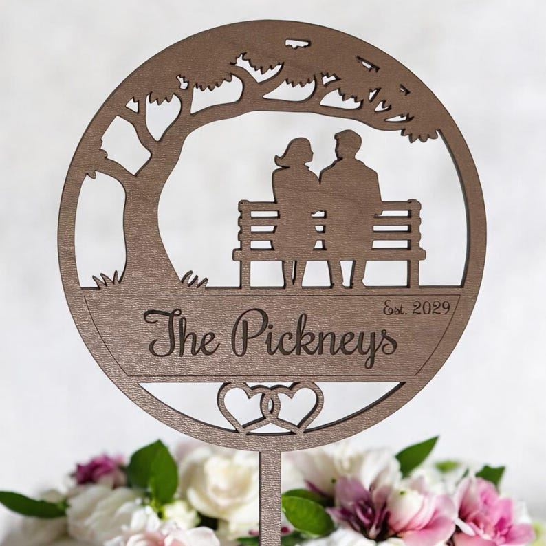 Anniversary Cake Topper Couple on Park Bench Wedding Tree Hearts ...