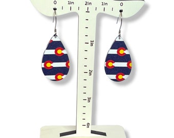 Colorado Earrings State Flag CO Acrylic Conversation Piece Logo Two Pairs for One Price Teardrop and Bar Shaped Earrings CO Red White Blue