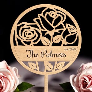 Wedding Cake Topper Roses Rose Floral Flowers Customized Engraved Name and Date Birthday Anniversary Retirement Reception All Occasion Gift