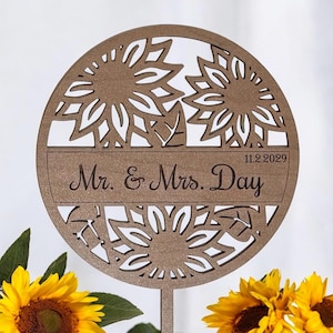 Wedding Cake Topper Sunflowers Personalized Engraved Name and Date Birthday Anniversary Retirement Reception All Occasion Gift Idea Floral
