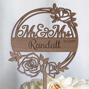 Roses Wedding Cake Topper Rose Floral Flowers Customized Engraved Name and Date Birthday Anniversary Retirement Reception Bridal Shower Gift