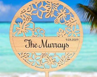 Tropical Wedding Cake Topper Beach Floral Flowers Personalized Engraved Name Date Reception Bride Groom Gift Birthday Anniversary Retirement
