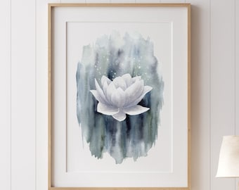 Blue Lotus Watercolor Print, Minimalist Floral Wall Art