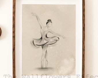 Stampa a carboncino di ballerina, stampa vintage seppia dipinta a mano, stampa neutra, disegno di ritratto femminile