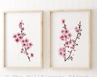 Cherry Blossom Watercolor Print Set, Pink Floral Home Decor