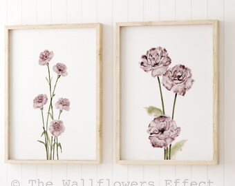 Rosa botanische Blumendrucke, minimalistische Blumenwandkunst