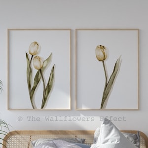 Stampe da parete con tulipani, decorazioni da parete primaverili, dipinti floreali a mano, stampe da parete con fiori gialli, set di due stampe di tulipani, decorazioni da parete con tulipani acquerellati