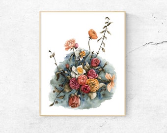 Dusty Rose Bouquet Print | Blush and Blue Watercolor Bouquet | Vintage Bouquet Poster | Boho Floral Bouquet Print | Bouquet Glicee Print