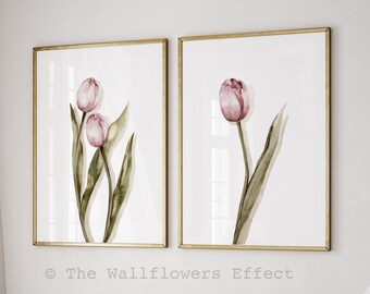 Stampe artistiche ad acquerello di tulipani rosa, set da 2, decorazioni botaniche per la casa.