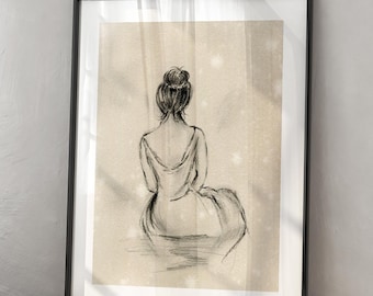Impresión de dibujo lineal de espalda de mujer vintage, arte mural con bocetos a carboncillo, decoración rústica neutra para el hogar.