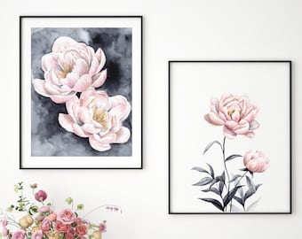 Arte de pared floral rosa, conjunto de 2 estampados de flores, carteles de acuarela de peonías ruborizadas, arte de pared de peonía, estampados de flores rosas, arte floral